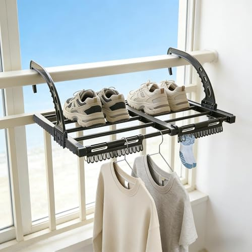 prota Balkon Wäschetrockner, Wäscheständer Klappbar Ausziehbar bis zu 38-55 cm, Klein Balkonwäschetrockner mit Sockenclip, Heizkörpertrockner für Badewanne Heizkörper Balkon