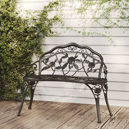 Keeiluna Garden Bench 100 cm Cast Aluminium Black Outdoor Loveseat for Patio, Durable Weather-Resistant Furniture with Cast Iron Legs, Decorative Floral Design