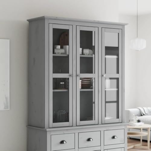 HFXHIJXQ BODO Vitrinenschrank mit Glastüren aus Massivholz Kiefer in Grau 115,5 x 38,5 x 118 cm Stauraum für Küche Wohnzimmer Flur Sideboard