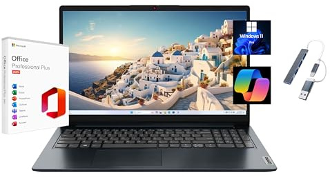 Lenovo Ideapad 1 - Computer portatile FHD da 15,6, con Microsoft Office 2024 a vita gratuita, AMD Ryzen 5 7520U, 8 GB di RAM, SSD da 256 GB, Windows 11 Pro, Abyss Blue, con hub USB