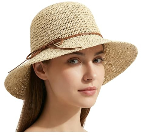 LISHIHE Strohhut Damen Faltbar Sonnenschutz,Sonnenhut Damen Atmungsaktiv,Strandmütze Mit Bowknot Gärtner Strohhut Für Outdoor, Reisen, Urlaub