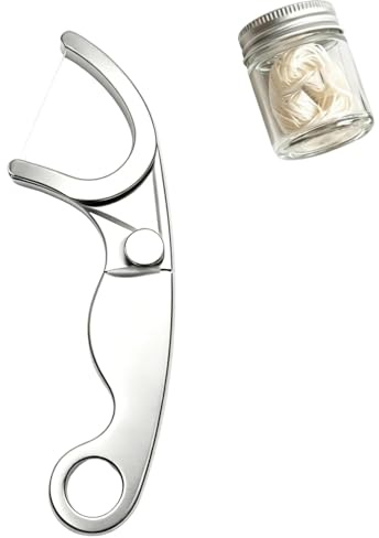 Plettri per filo interdentale in acciaio inox, riutilizzabili, in metallo, supporto per filo interdentale in acciaio inox e plettro per filo interdentale ricaricabile, per pulizia dentale minimalista