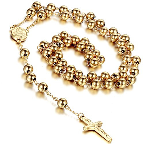 Flongo Edelstahl Anhänger Halskette Gold Golden Jesus Christ Kruzifix Kreuz Rosenkranz Jahrgang 36.6 Zoll Kette Herren,Damen