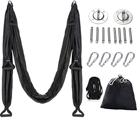CO-Z Aerial Yoga Swing Hammock | Trapeze Set with Ceiling and Door Mounts, Hanging Straps, Hanging Kits | Silk Bodyfly Yoga Inversion Swing | Air Flying Swing for Aerial Exercise, Black