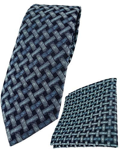 TigerTie Designer Krawatte Designer Einstecktuch in mint blau schwarz - Motiv Flechtmuster