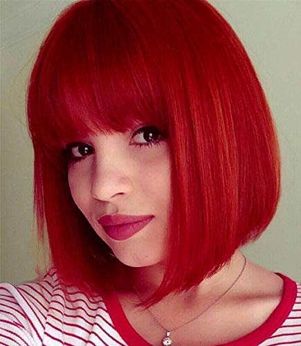 Mildiso Perücke Rot Kurze Bob Damen Haar Perücken Gerade mit Flach Pony Synthetische Bunte Cosplay Tägliche Party Perücke für Frauen Natürliche Wie Wig 12 Zoll 002F