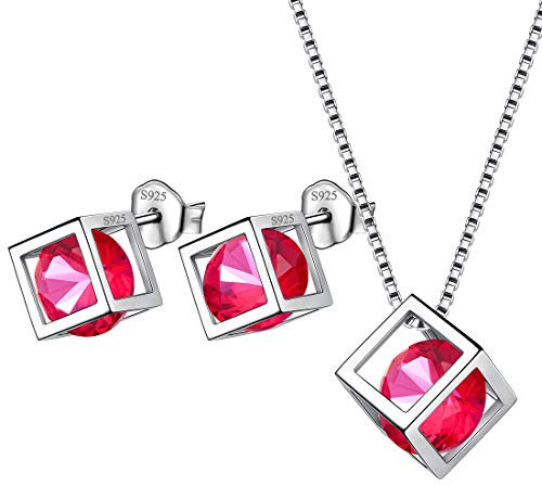 Aurora Tears Juli Birthstone Halskette Ohrstecker 925 Sterling Silber Rot Rubin Quadrat Geburtsstein Schmuck Set für Frauen und Mädchen DS0028R