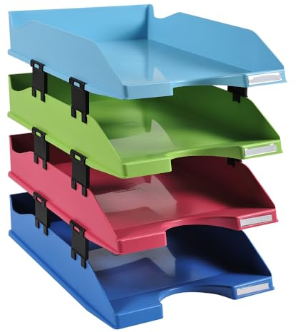 Exacompta 1131928SETD 4er Pack Premium Briefablage Combo Midi 1928 DIN A4 inkusive Distanzstücke. Ideale Briefkörbe für Ihre Organisation. Stapelbare Ablagekörbe Blauer Engel farbig sortiert matt