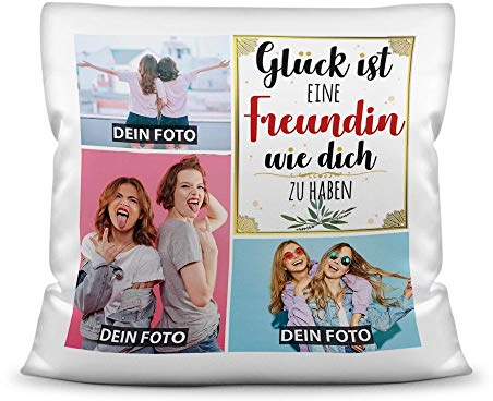 PR Print Royal Kissen mit Füllung - Fotocollage selbst gestalten mit Spruch für Freundin - GLÜCK - mit DREI eigenen Fotos - Geschenkidee Fotokissen - Kissen Polyester - Weiß