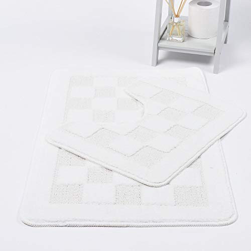Night Zone Squares 2 Piece Bath Mat & Pedestal Set Non Slip Extra Absorbent Bathroom Toilet Rug Bath Mats Set (White)