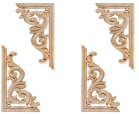 Gotetiso 4 Pièces Bois Sculpté Decoration Bois Sculpté Coin Sculpté Moulure Bois Non Peint Sculpté Bois Sculpté en Coin Bois Sculpté Décalque Sculpté Coin Onlay Applique Cadre Coin Onlay