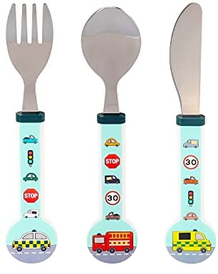 Zawadi Vehicles Children's Kids 3pcs Stainless Steel Cutlery Utensil Set, Knife Fork Spoon