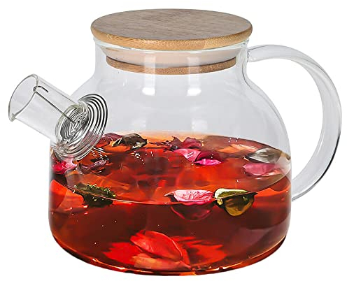 Murago - Teekanne Glas mit Deckel 0,95L - Teebereiter Kanne Krug mit Griff Geschirr Bambusdeckel 950ml Filterspule Sieb