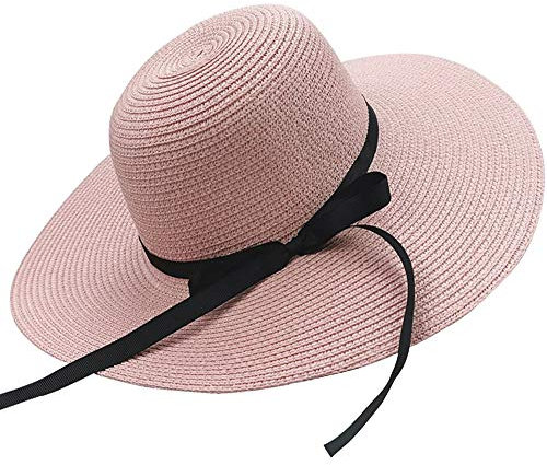 Eight Space Chapeau de soleil d'été souple pour femme - Chapeau de paille à large bord avec nœud - Accessoires de plage - Protection UV UPF50, rose, Taille Unique