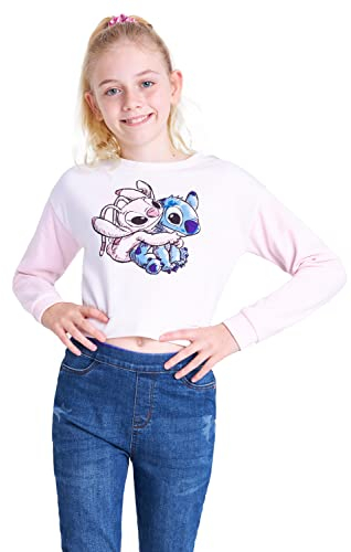 Disney Sudadera Niña Stitch, Sudadera Corta Niña, Sudadera Crop Top para Niñas Lilo y Stitch, Ropa para Niñas 7-14 años (11-12 años, Beige/Rosa)