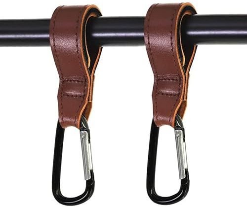 2er Set Kinderwagen Haken Karabinerhaken für Wickeltasche Wickelrucksack Beutel LEDER Braun