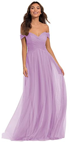 N/ C C003 Damen-Brautjungfernkleid, schulterfrei, Tüll, lang, Herzausschnitt, formelle Kleider für Hochzeit, Flieder, 52 Plus