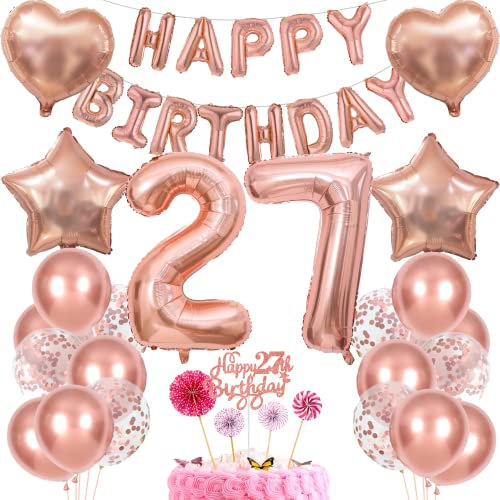 27th Birthday Decoration for Women - Rose Gold Cake Topper, Balloons, and Gift Set
