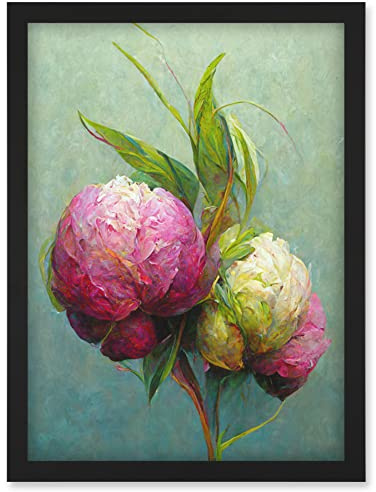 Doppelganger33 LTD Modern Pink And White Peony Flowers In Teal Artwork Framed Wall Art Print A4