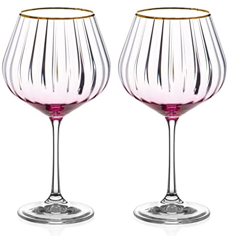 DIAMANTE Gin Glasses Copa 'Mirage Rosso' Set of 2 - with Red/Rose Pink Colour Ombre Stain and Gold Rim - Optic Effect