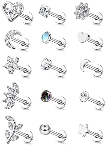 Milacolato 16G Piercing Ohr Ohrstecker Für Damen Edelstahl Opal Stern Perle Flache Rückseite Tragus Ohrringe Klein Silber, CZ Blume Piercing Labret Lippensteg Lappen Nase Ohrpiercing Schmuck 15Stück