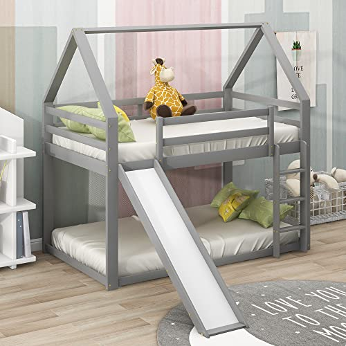 ZYLOYAL10 Einzelbett, Einzelbett mit Etagenbett, niedriges Etagenbett (Rutsche und Leiter, Grau)