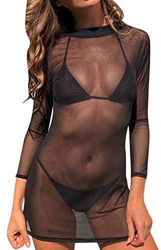 Durchsichtiges Bikini Cover Up Blusenkleid Sexy für Damen Schwarz Minirock Halbtransparentes Feines Netz Rundhalsausschnitt Minikleid Netz Shirt Strandkleid Sommertop