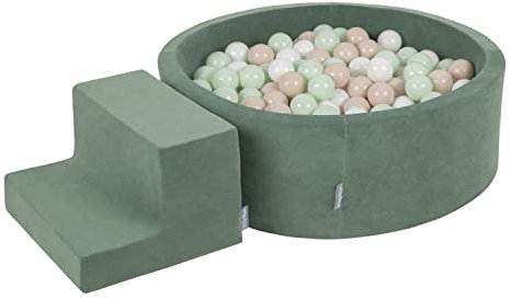 KiddyMoon Spielplatz Velvet Aus Schaumstoff Mit Rund Bällebad (200 Bälle) + Stüfchen Ballgruben Für Babys Spielbad, Hergestellt In EU, Pastellbeige/Weiß/Minze