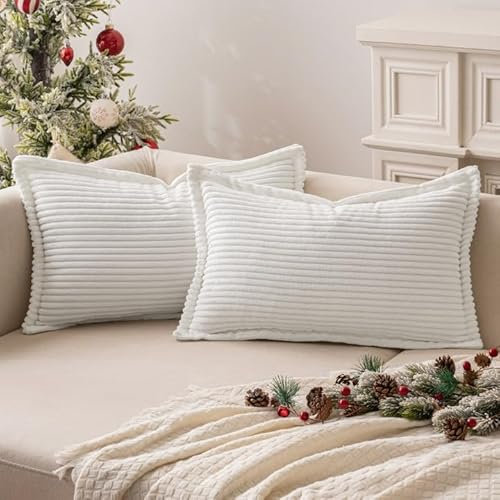 MIULEE Kordsamt Kissenbezug Weiche Kissenhülle Dekorative Sofakissen Quadratische Dekokissen Moderne Zierkissenbezug Gestreifte Kissenbezüge für Schlafzimmer 2 Stück 40x60 cm, Weiß
