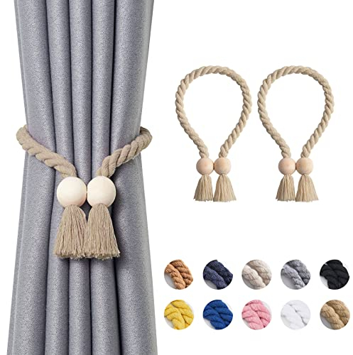 Pretty Jolly Ball magnetische Vorhang-Raffhalter aus Holz, Boho-Dekoration, Raffhalter, natürliche Baumwolle, handgewebt, für Fenstervorhänge für Zuhause und Büro, Dunkelbeige, 2 Stück
