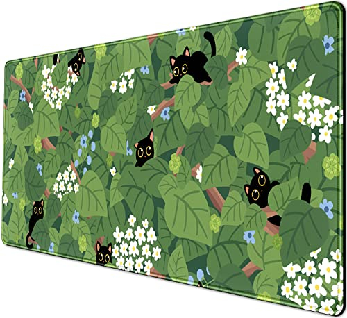 Schreibtischunterlage mit niedlichen grünen Blättern und Kawaii-Anime, schwarze Katze, erweitertes großes Gaming-Mauspad XXL für Computer, Laptop, Tastatur-Mauspad für Damen, Büro, Schreibtisch, 80 x