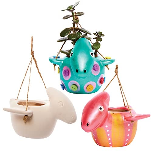 Baker Ross FX578 Dinosaur Ceramic Hanging Flowerpots - Box of 2, Paint Your Own Plant Pot