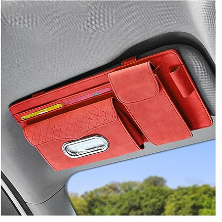 JNNJ Auto-Sonnenblende-Organizer, Kartenhalter Einstellbare Sonnenblende Organizer, Auto Multifunktionale Aufbewahrungstasche Für Sonnenbrillen, Bankkarten(Rot)
