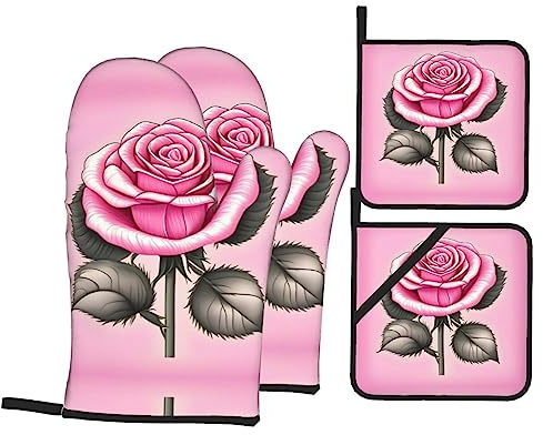 Lot de 4 maniques et maniques en forme de roses roses résistantes à la chaleur pour la cuisine, la pâtisserie, le barbecue