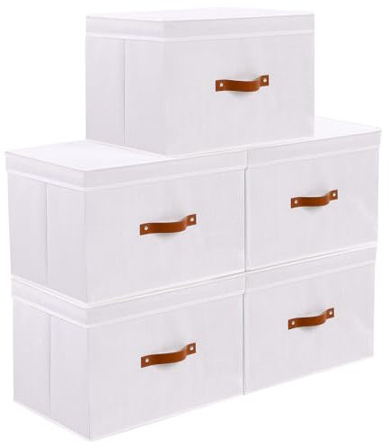 YheenLf 5 Stück Aufbewahrungsbox mit Deckel, Aufbewahrungsboxn Weiß, Schrank Organizer, Faltbare Stoffboxn Aufbewahrung für Wohnzimmer, Schlafzimmer, 45x30x30cm