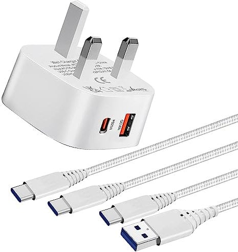 25W Super Fast USB C & 18W Quick Charge 3.0 Charger Plug and Cable for Samsung Galaxy S24/S24+/S24 Ultra/A54 A55 5G/A25 A53 A14 A13 A15 A33 A22/Z Filp Fold 4 5/iPhone 15 Pro/16 Pro Max Phone Adapter