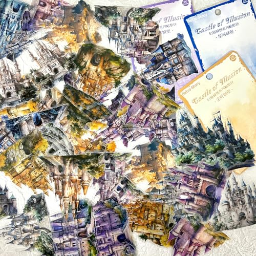 Arpaper Scrapbook Zubehör Stickers 60 Stück, Bullet Journal Sticker PET Retro Scrapbooking Zubehör Set Scrapbooking Vintage Sticker Aufkleber (Schloss) Deko für Hochzeit,Kalender(Fantasy Castle 2)