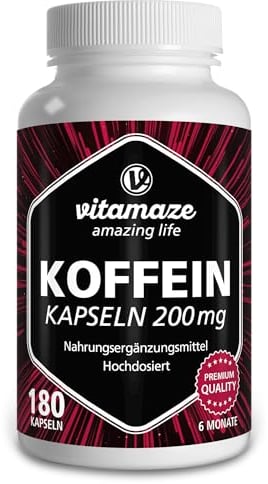 Koffein Kapseln hochdosiert, 180 Kapseln mit 200 mg reinem Koffein Pulver für 6 Monate, 2 Tassen Kaffee in einer Kapsel, Nahrungsergänzung ohne unnötige Zusatzstoffe, Made in Germany