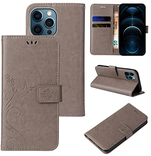LBH Handy Hülle für Apple iPhone 12 Pro Max Case Handytasche Schmetterling Blumen Flower Standfunktion Schutzhülle Magnet Rundum Schutz 360 Grad Flipcase Cover Grau