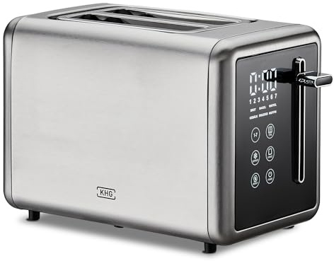 KHG - Toaster 2 Scheiben Edelstahl Touchpanel 850 W - Brötchenaufsatz, 7 Bräunungsstufen, 6 Programme, Restzeit-Timer, Krümelschublade - Silber