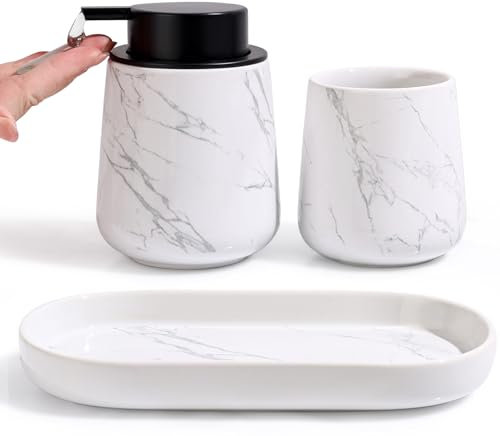 Badezimmer Set Umlaca Bathroom Accessories,3-teiliges Zubehör Enthält 350ml Seifenspender,320ml Zahnputzbecher und Seifenschale,Geeignet für Bad,Waschbecken (Marmorierter Flüssigseifenspender)