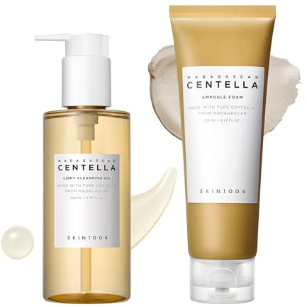 SKIN1004 Centella Double Cleansing Duo, Cleansing Oil 6.76 fl.oz & Ampoule Foam Cleanser 4.23 fl.oz, Korean Gentle Face Cleanser Gift Set, Makeup Remover with Madagascar Centella, Korean Skincare