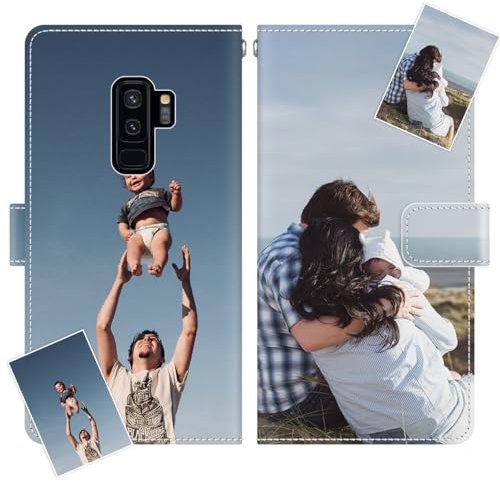JGOYGYI Personalisierte Leder Handyhülle kompatibel mit Samsung Galaxy S9 Plus,Individuelle Eigenem Foto Bild Text Bildern Foldable Flip Klapphüllen Case hülle+Handykette