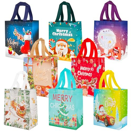 8 Stück Weihnachtstüten, kleine Geschenktüten Weihnachten mit Griff, Wiederverwendbare Weihnachtsgeschenktüten, Vliesstoff Tragetasche für Weihnachtsgeschenke Party-Leckerli-Tüte (21 x 26 x 12 cm)