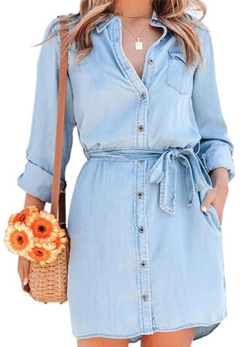 Fylovery Lässiges Denim-Hemdkleid für Damen, langärmelig, Reverskragen, Knopfleiste, kurzes Kleid, Chambray-Taille, Tunika, Mini-Jeanskleid mit Gürtel, Hellblau A, S