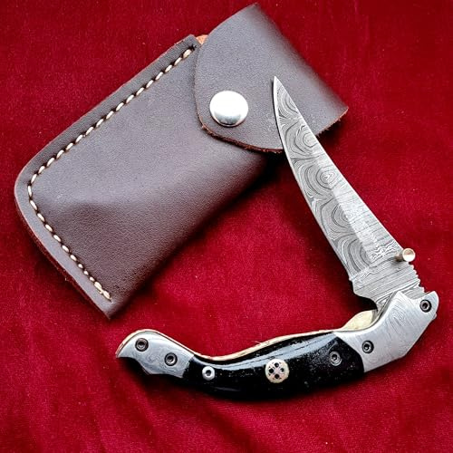 CRAFTOMATIK Damast Stahl Taschenmesser | Klappmesser | Büffel Horn, Damast Stahl, Mosaik Stift Griff | Handgefertigt Outdoor Damastmesser Camping Messer | FK29