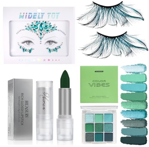 Pfauen Kostüm Damen, Schminke Pfau, Kostüm Pfau Zubehör | Kostüm mit Wimpern Pfau, Grüner Lippenstift Lidschatten Grün Glitzersteine Gesicht, Kopfschmuck Pfau, zum Halloween Karneval