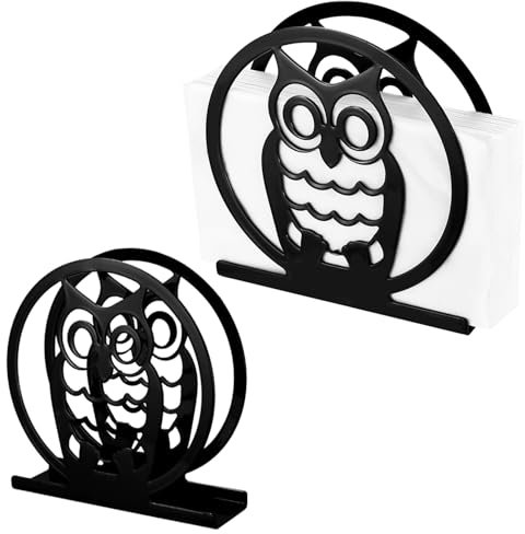 2 Pcs Porte Serviette de Table, Porte Serviettes Noirs, Distributeur de Serviettes en Métal, Porte-serviettes en Papier, Distributeur de Papier pour Cuisine Restaurant Bar Hôtel(Motif Hibou)