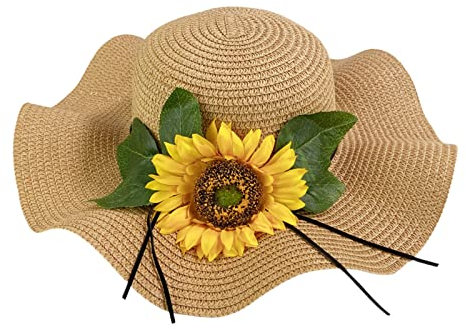 Mashaouyo Chapeau de soleil Chapeau de Pêcheur Chapeau de Paille Plage Grand Bord Soleil Tournesol Sandales polyvalentes Chapeau de soleil Chapeau de soleil avec fleurs pour femme, café, taille unique