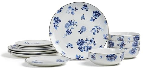 Stone Lain Viola 12-teiliges Geschirrset Porzellan, Teller und Schalen Set, Geschirrset für 4 Personen, Mikrowellen- und Spülmaschinenfest, Blau